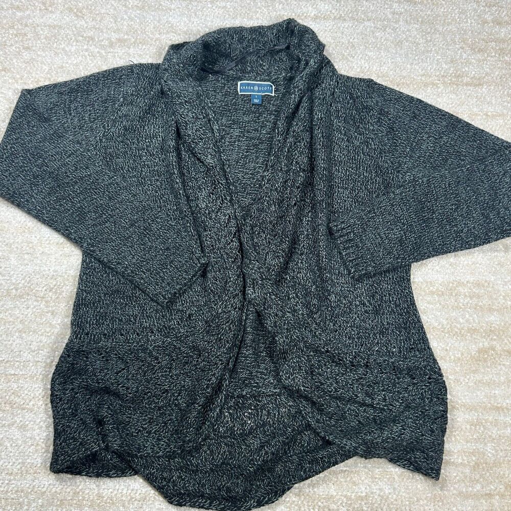 Karen Scott Cardigan Womens L Shawl Collar Open Front Knit Cozy Gray Cable Hem - Picture 1 of 9
